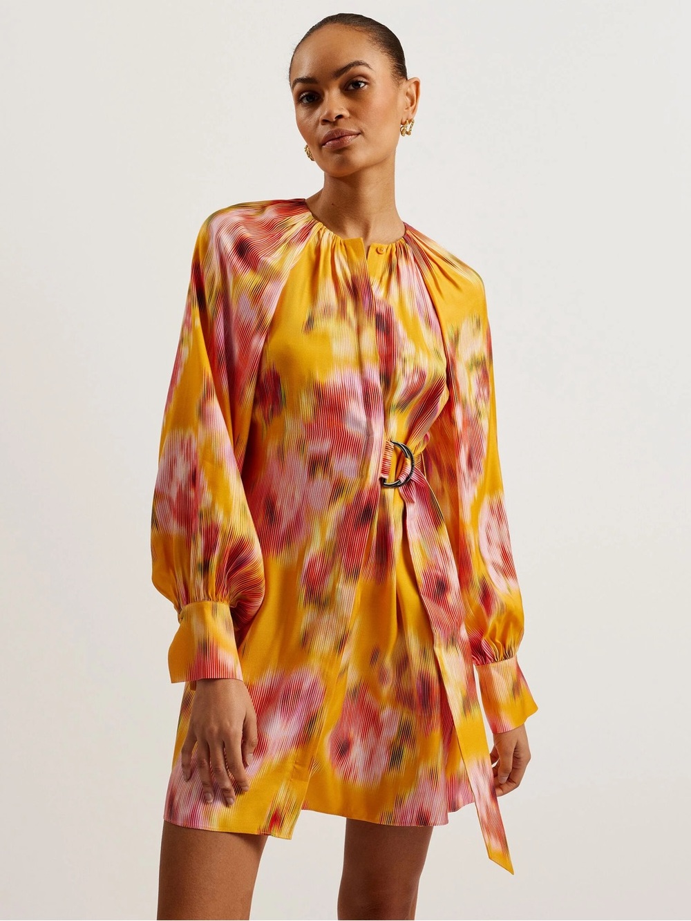 Ted Baker London Yellow Floral Satin Belted Mini Dress